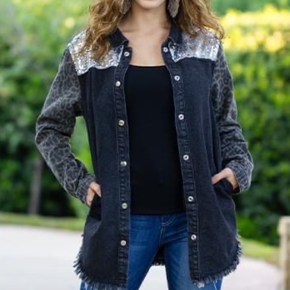 Sequined/Distressed denim snap jacket